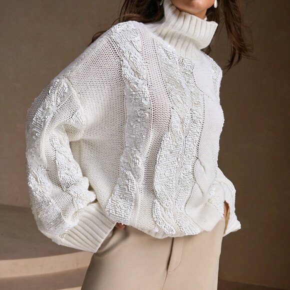 White Casual Women's Loose Fit High Neck Sequin Knit Pullover Sweater - Picture 4 of 6